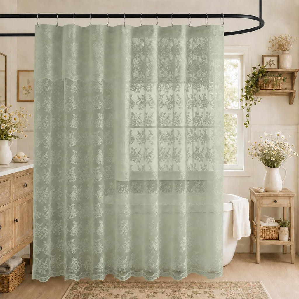TUDECO White Lace Shower Curtain with Attached Valance 72 x 72 Inch