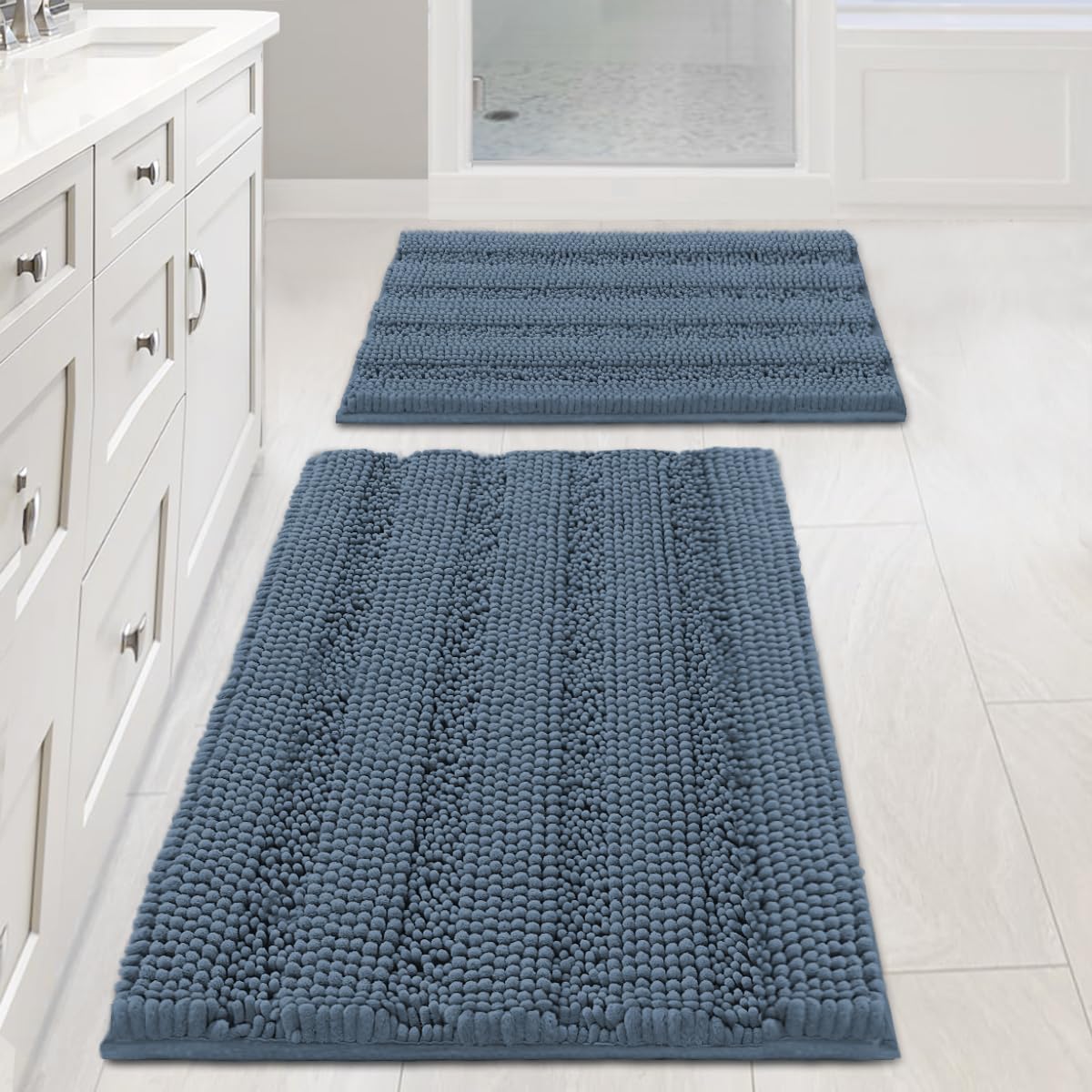 H.VERSAILTEX Sage Bathroom Rugs, Bath Mat Set of 2 Extra Thick Chenille Striped Pattern Shaggy Bath Rugs for Bath Room, Non Skid Bath Mats for Bathroom Floor (32 x 20 Plus 24 x 17 - Inches)