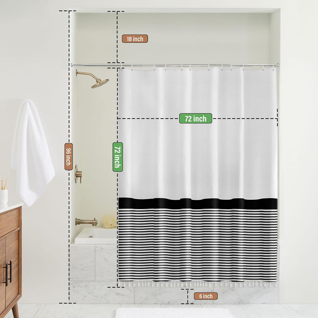 Seasonwood Black and White Shower Curtain Striped with Tassels 72 x 72