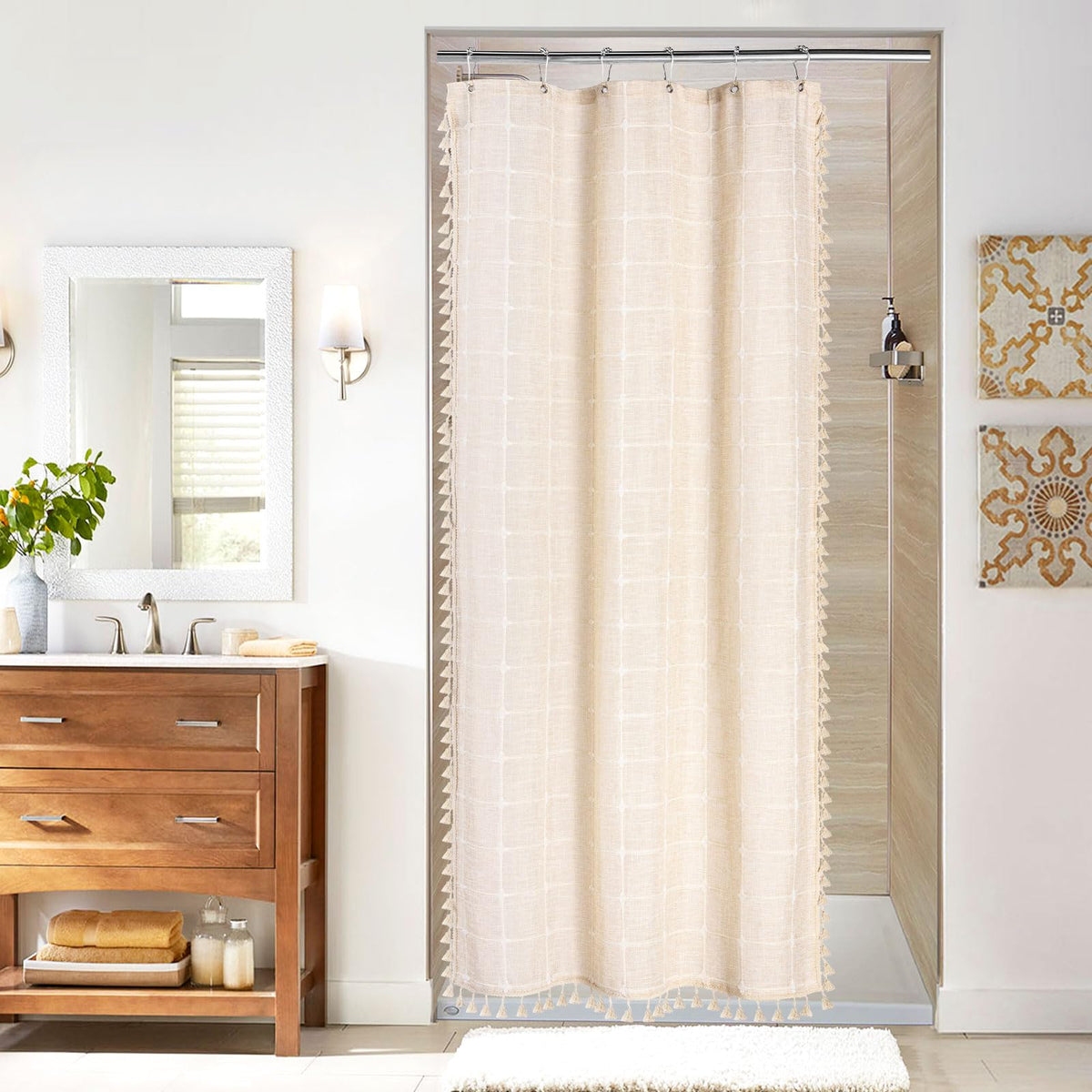 Boho Farmhouse Classic Plaid Linen Tassel Shower Curtain Blue,72x72