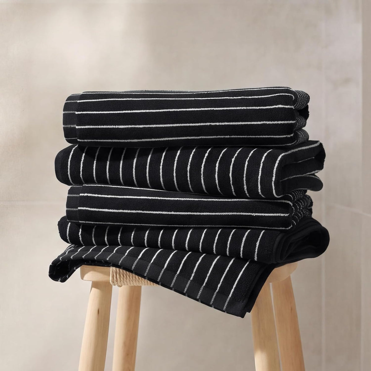 ecolook 4 Pack Premium Bath Towels, 100% Cotton Striped, 28x55 in, Black