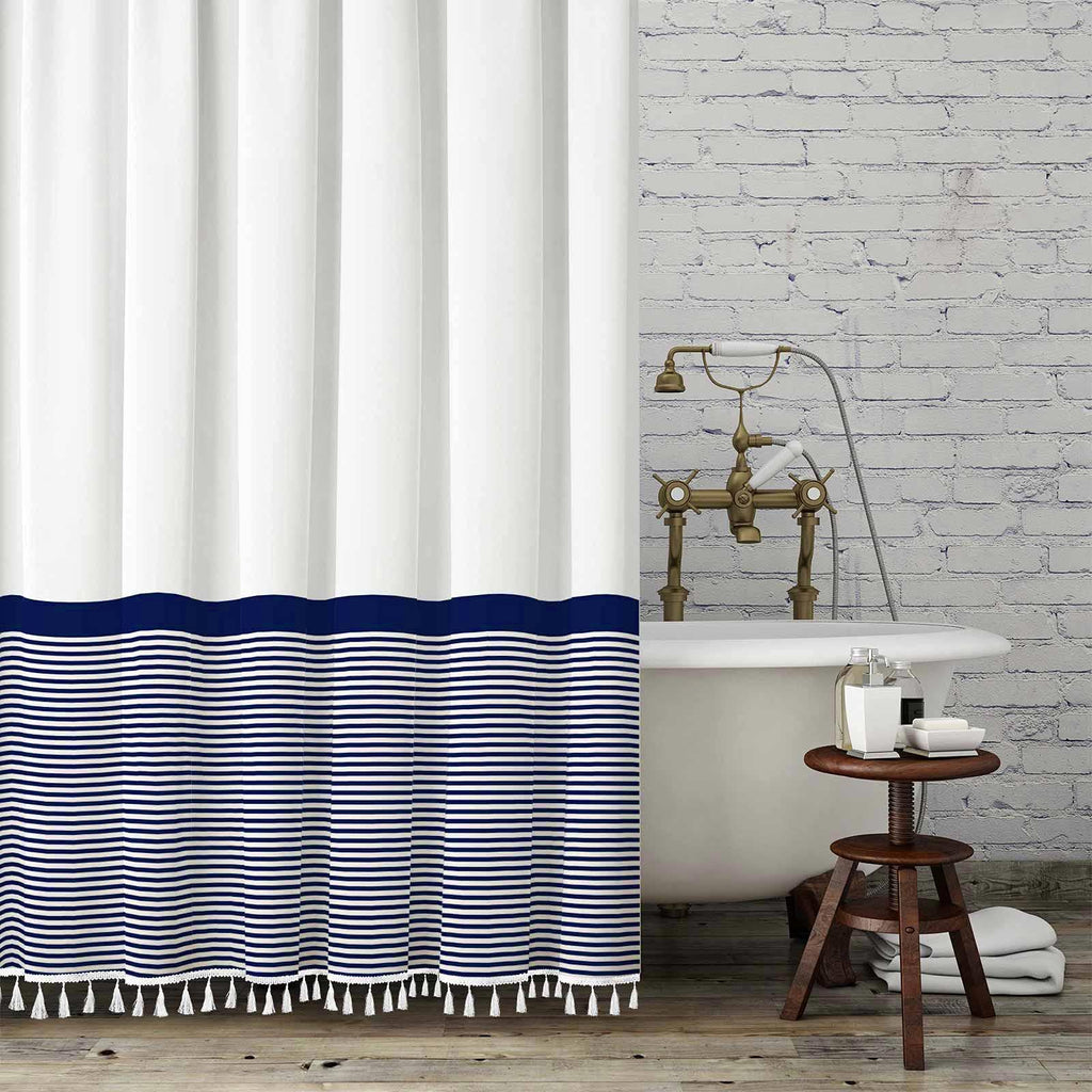 Seasonwood Black and White Shower Curtain Striped with Tassels 72 x 72