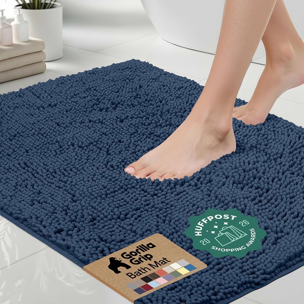 GORILLA GRIP Bath Rug Mat for Bathroom, Absorbent Chenille, 24x17 Blue