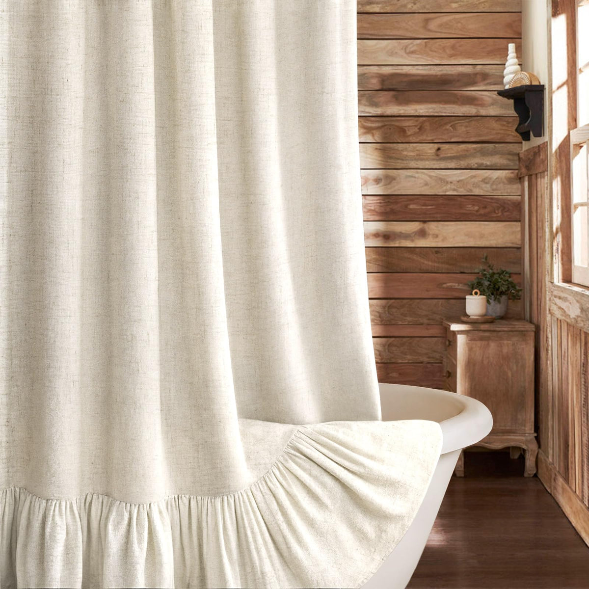 Farmhouse Shower Curtain Ruffle Linen Cream-Beige Stripe 72"W x 72"L