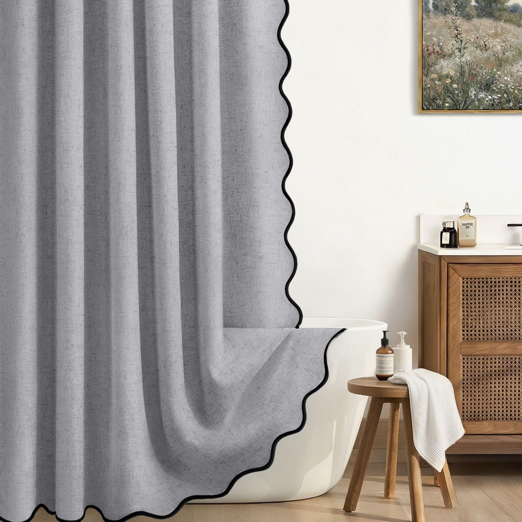 Scalloped Shower Curtain Linen Boho Beige 72" W x 72" L