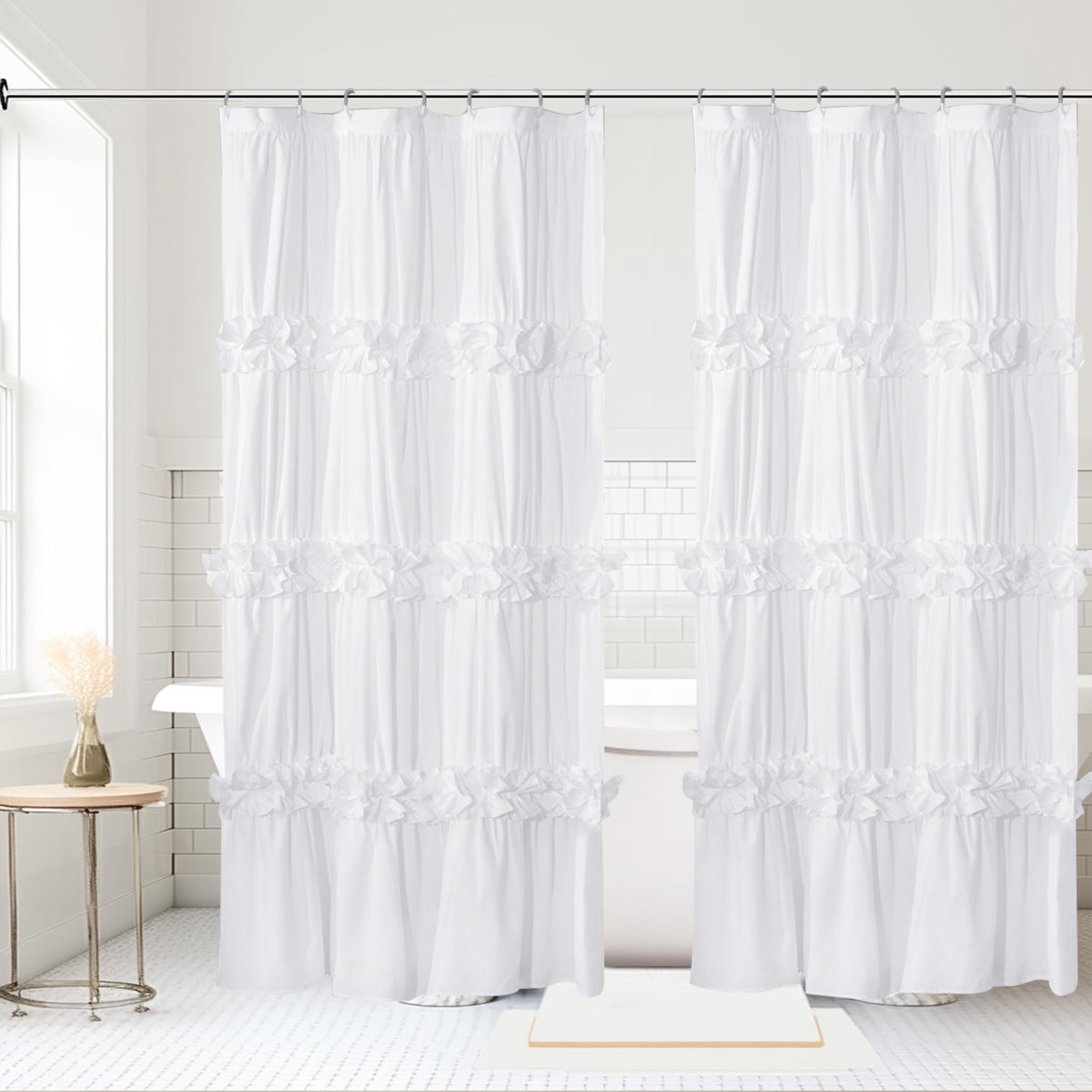 Homechoice Decor Victorian White Ruffle Shower Curtain with 12 Buttonholes
