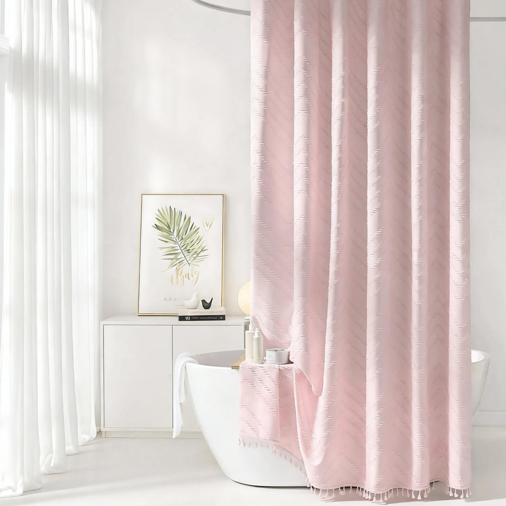 Siiluminisoy Boho Shower Curtain with Tassel Woven Fabric Olive Green Shower Curtain 72 x 72 Modern Farmhouse Textured Tufted Chevron Striped Minimalist Bathroom Shower Curtains