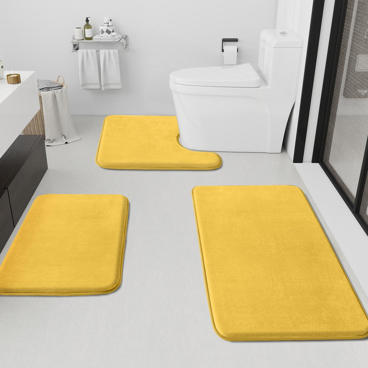 HUXMEYSON Bathroom Rugs Sets 3 Piece, Non-Slip & Quick Dry Bath Mat Set, Ultra Soft Velvet Bath Rugs for Bathroom, Toilet and Shower Floor, Grey