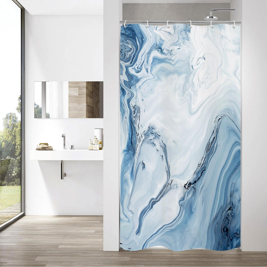 Blue Marble Fabric Shower Curtain, Abstract Watercolor, 72 x 72 Inches