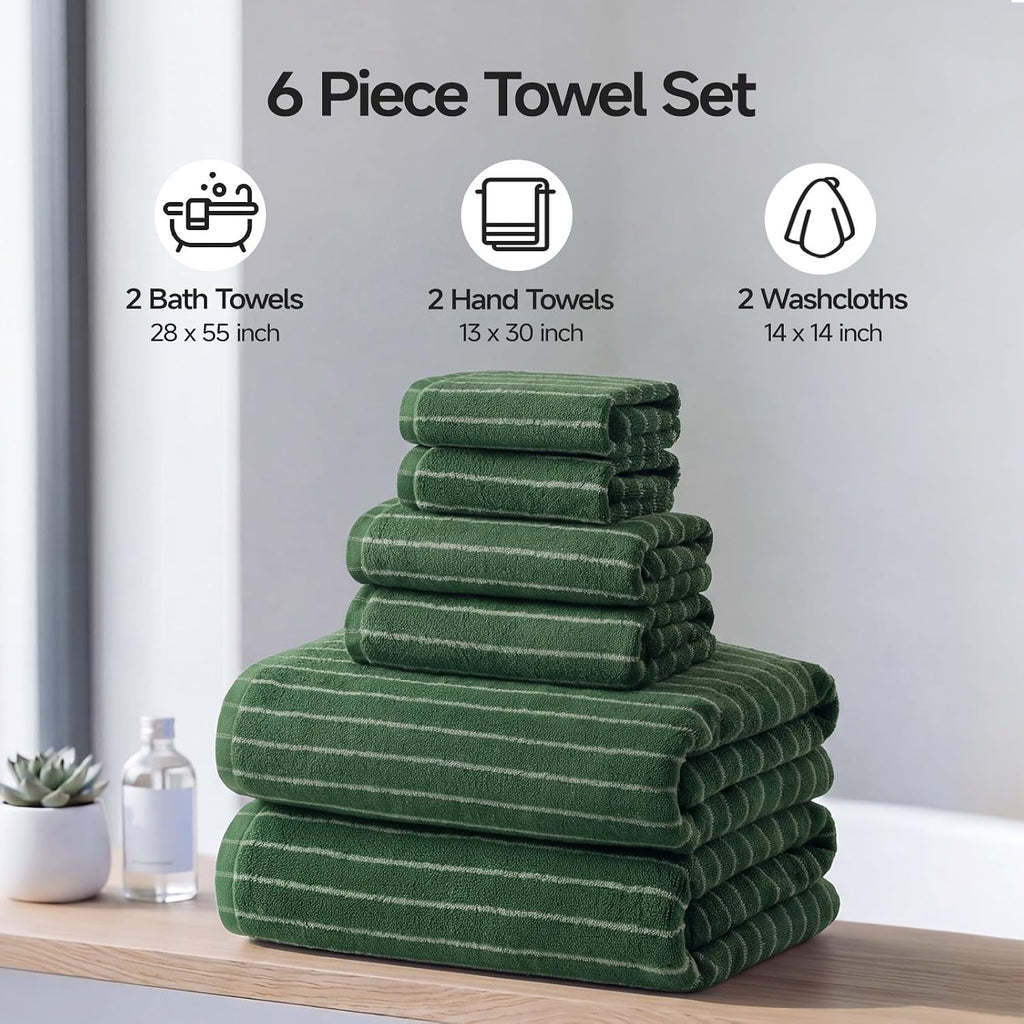 ecolook Premium Bath Towel Set of 6 Pieces – 100% Cotton, Super Absorbent & Quick Dry, Striped Towels for Bathroom, Spa & Swim – 2 Bath, 2 Hand, 2 Washcloths, Olive Green