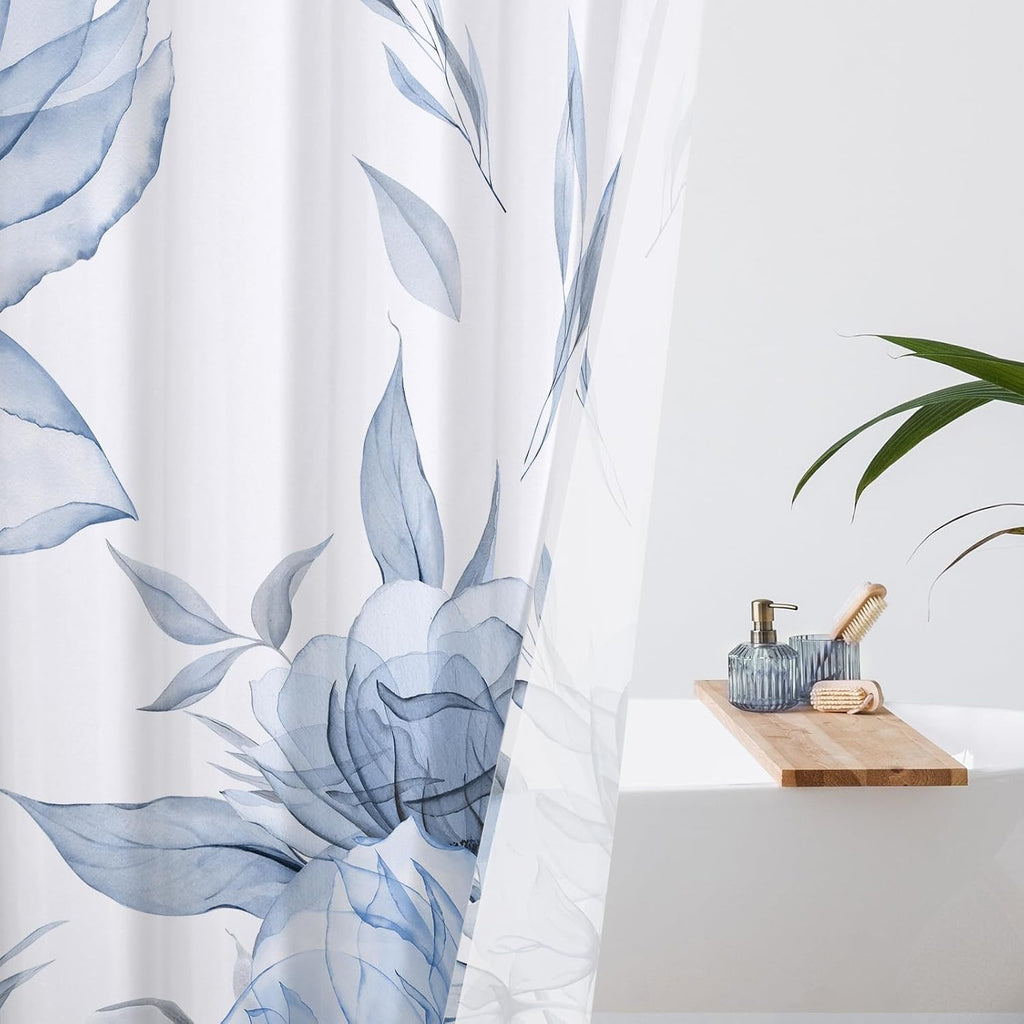 Blue Boho Floral Shower Curtain, Watercolor Botanical Design, 72 x 72