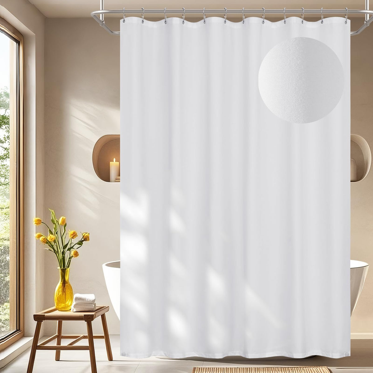 Seenus Baby Pink Ruffle Shower Curtain with Waterproof TPU Backed, Soft Microfiber Lovely French Ruched Shower Curtain, 72 x 72 Inch Bathroom 2 in 1 Washable Fabric Shower Curtain with TPU Lining