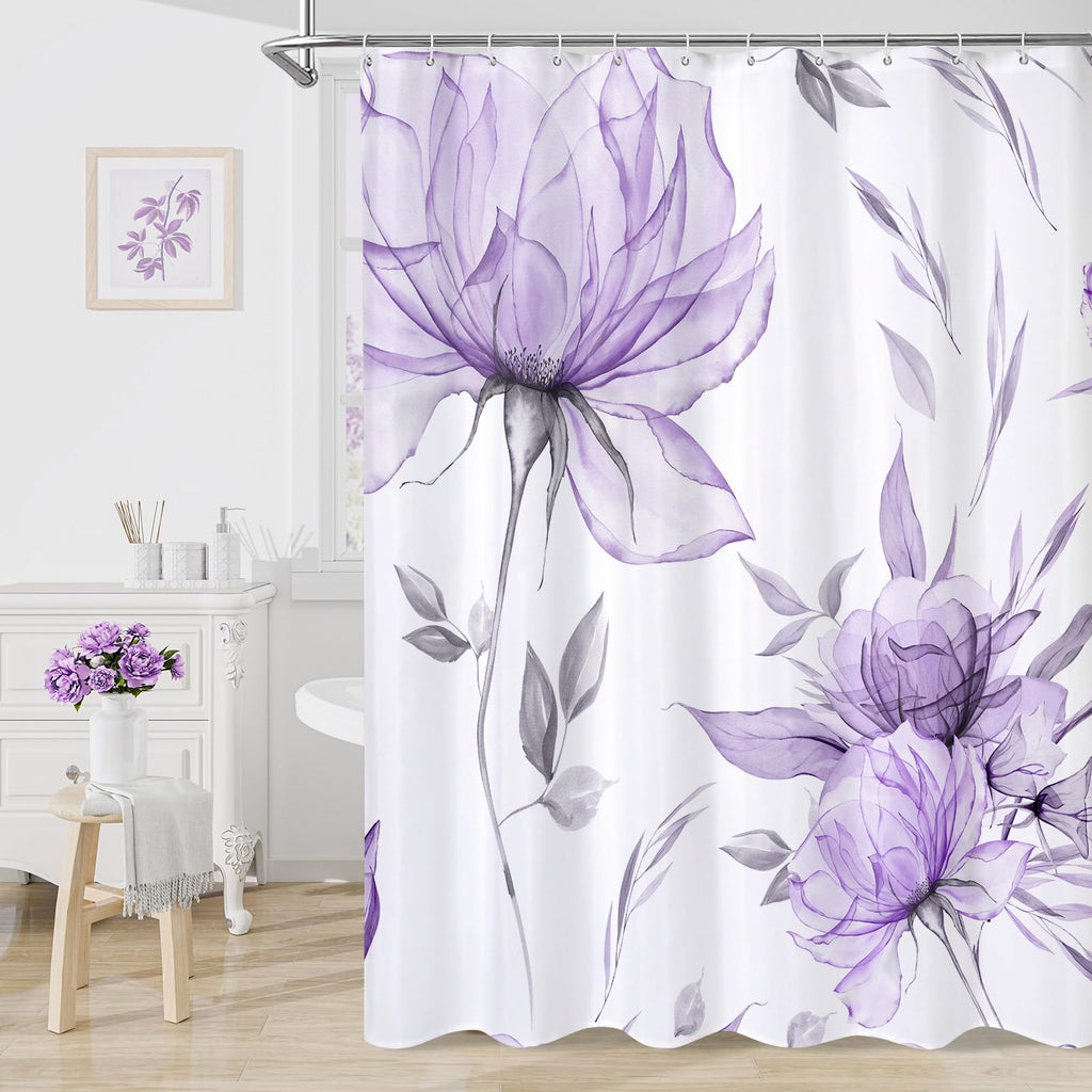 Blue Boho Floral Shower Curtain, Watercolor Botanical Design, 72 x 72