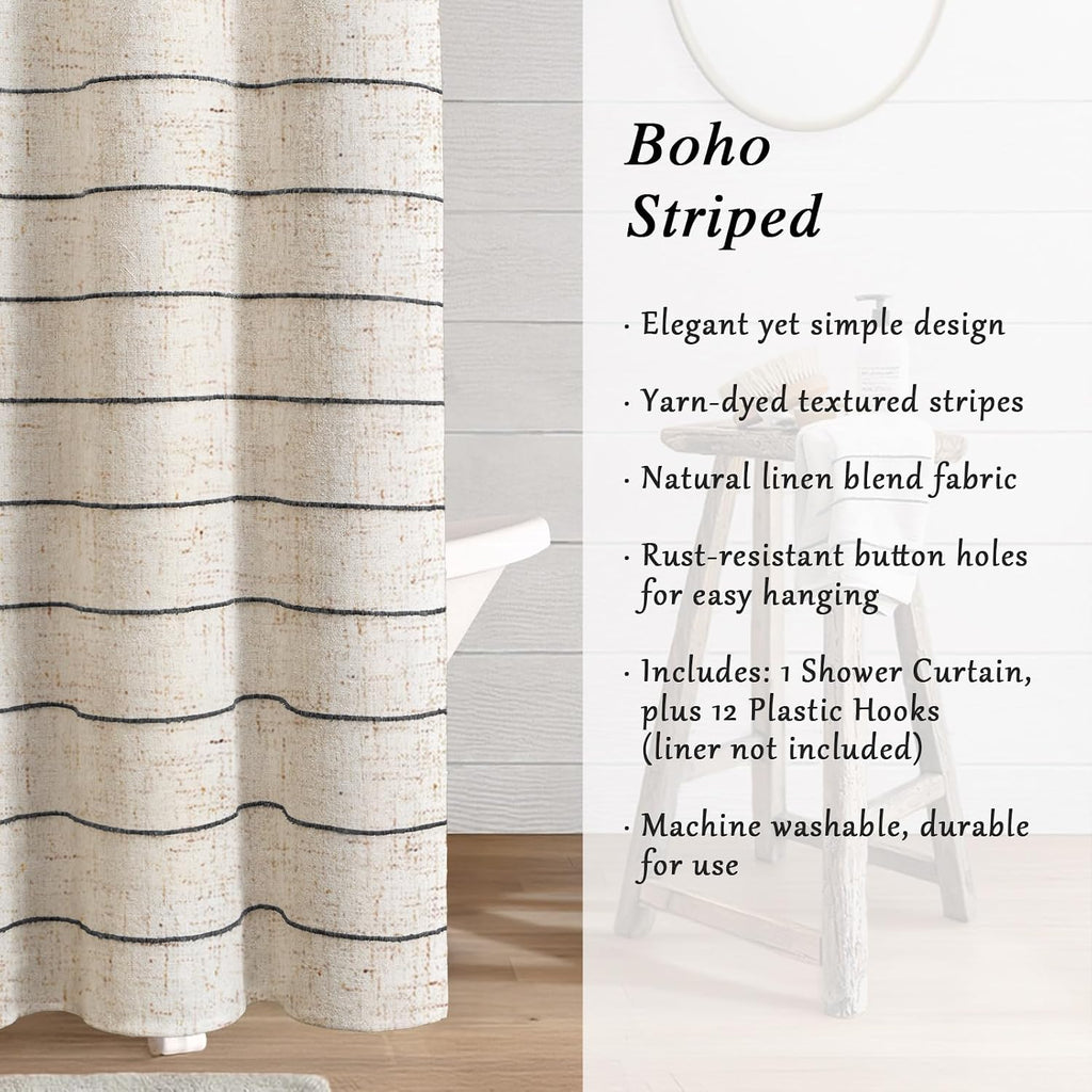 Striped Linen Shower Curtain for Bathroom, Black and Beige 72 W x 84 H