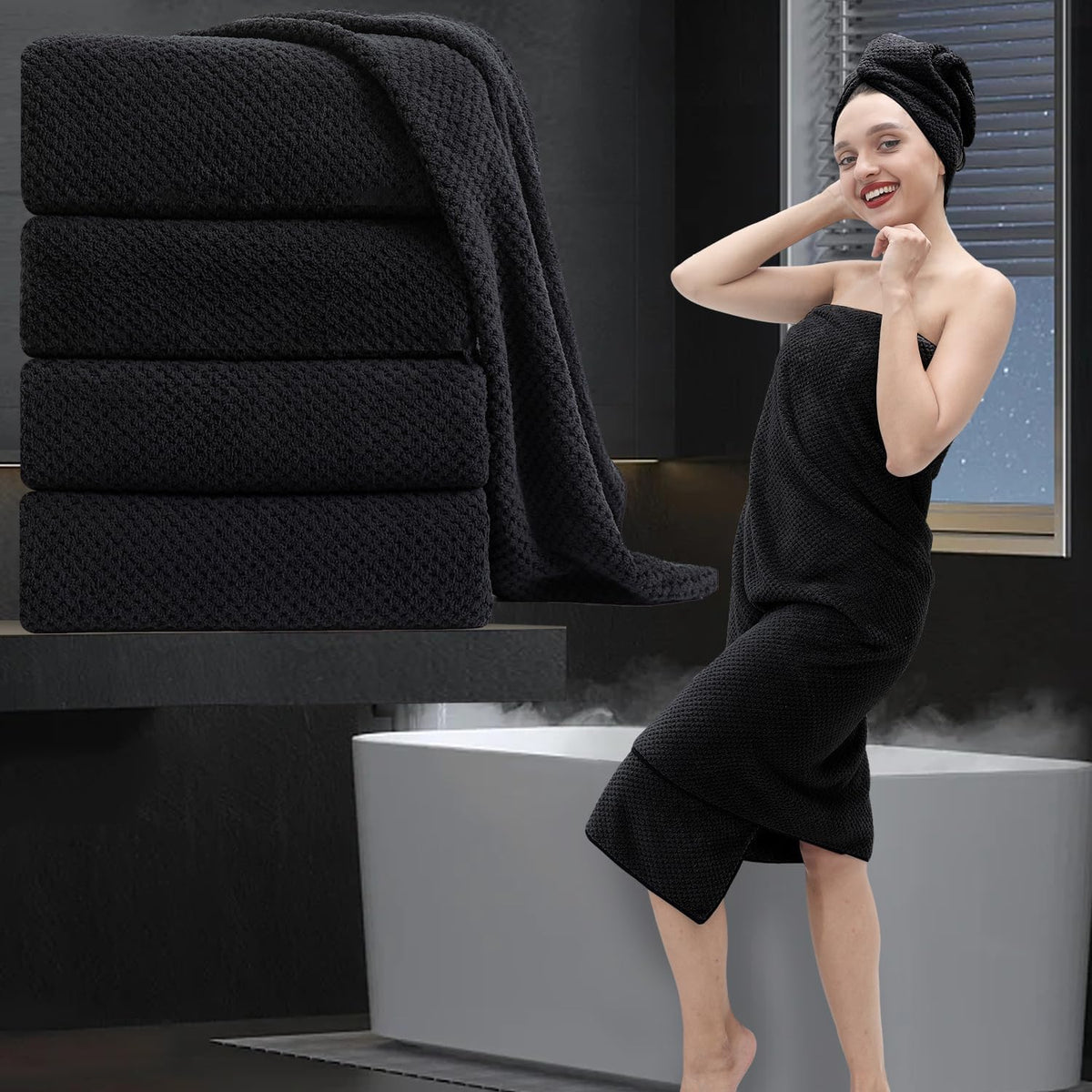 8 Piece Bathroom Towel Set Black White|2 Oversized Large Bath Towels Sheet,2 Hand Towels,4 Washcloths| 600GSM Soft Towel Set for Bathroom Hotel,Highly Absorbent Quick Dry Bath Towel Collections