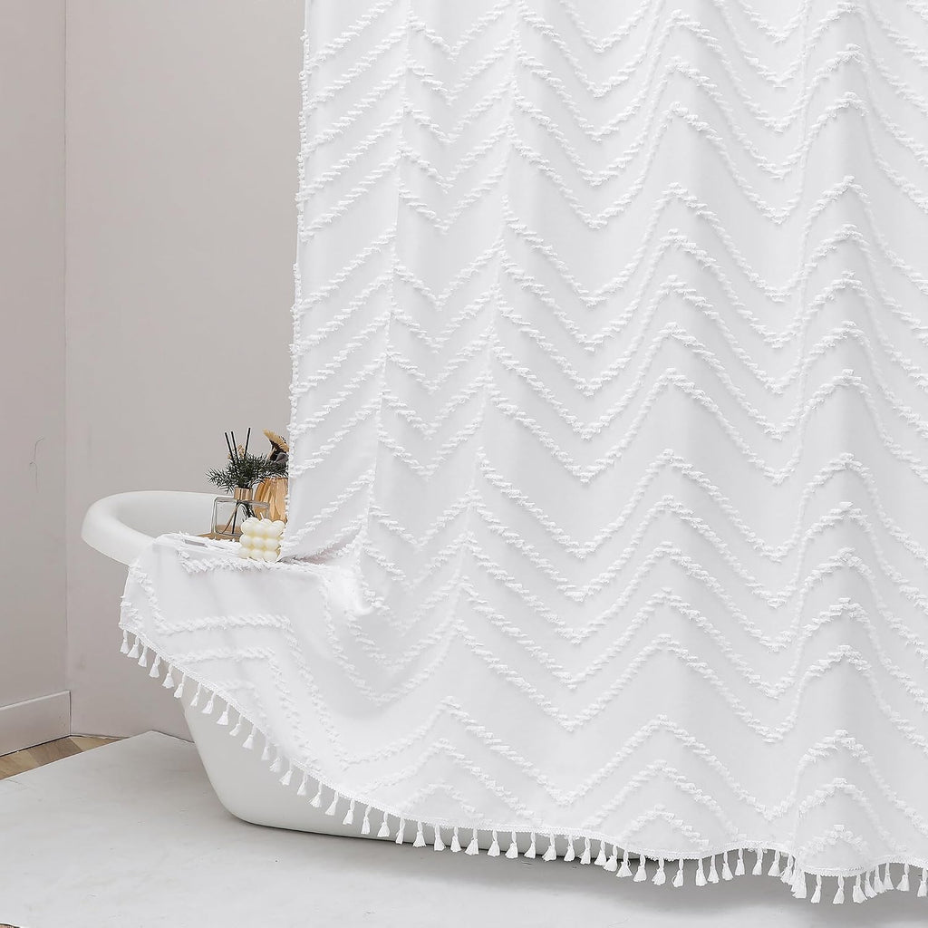 OWENIE White Fabric Boho Shower Curtain 72 x 72 Inches for Bathroom