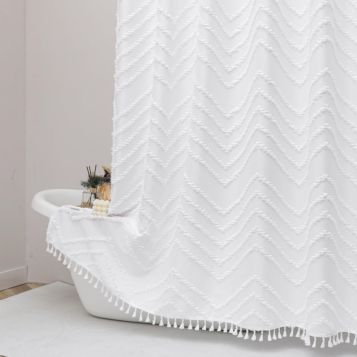 OWENIE White Fabric Boho Shower Curtain 72 x 72 Inches for Bathroom