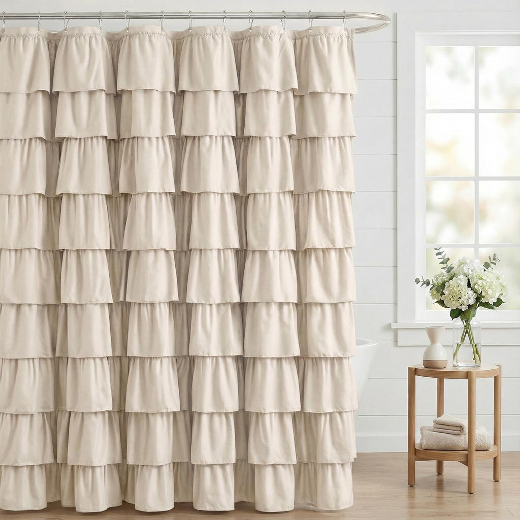 Seasonwood Beige Ruffle Shower Curtain Neutral Shower Curtain 72 x 72
