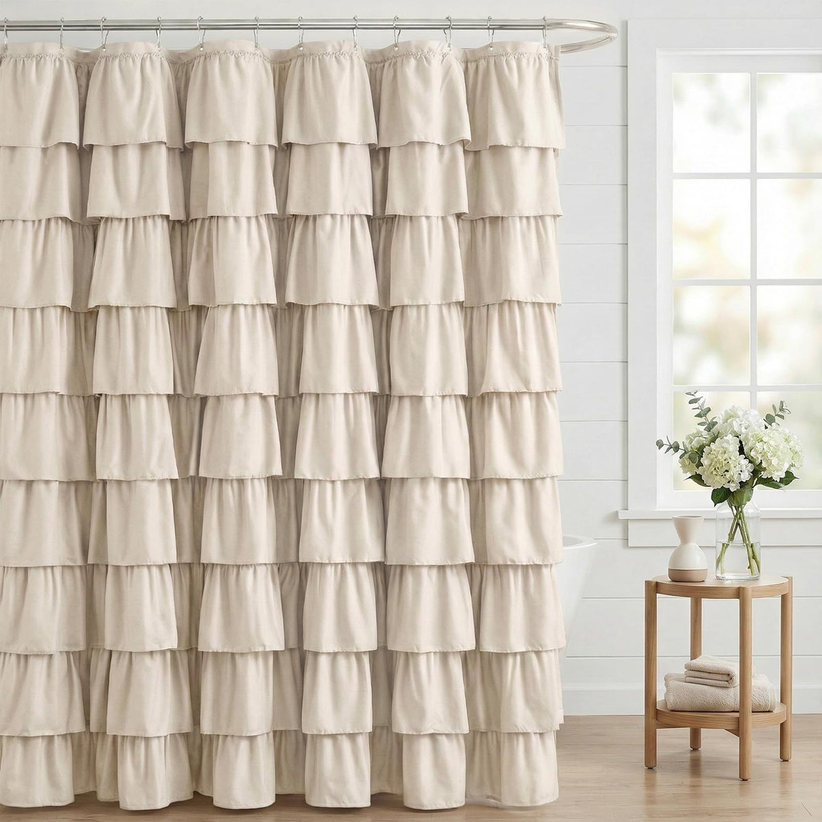 Seasonwood Beige Ruffle Shower Curtain Neutral Shower Curtain 72 x 72