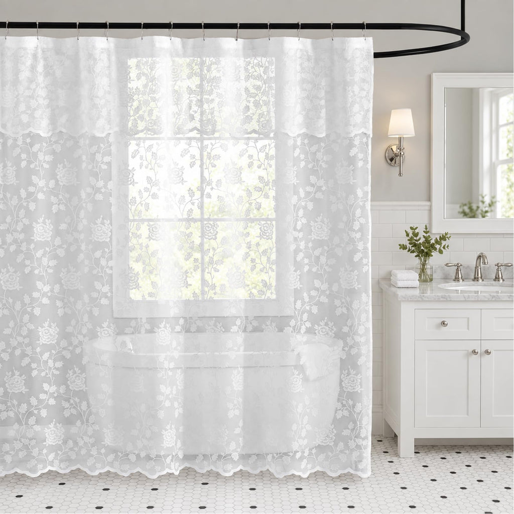 Black Lace Shower Curtain with Attached Valance, 72 x 72 Inch, 1 Panel