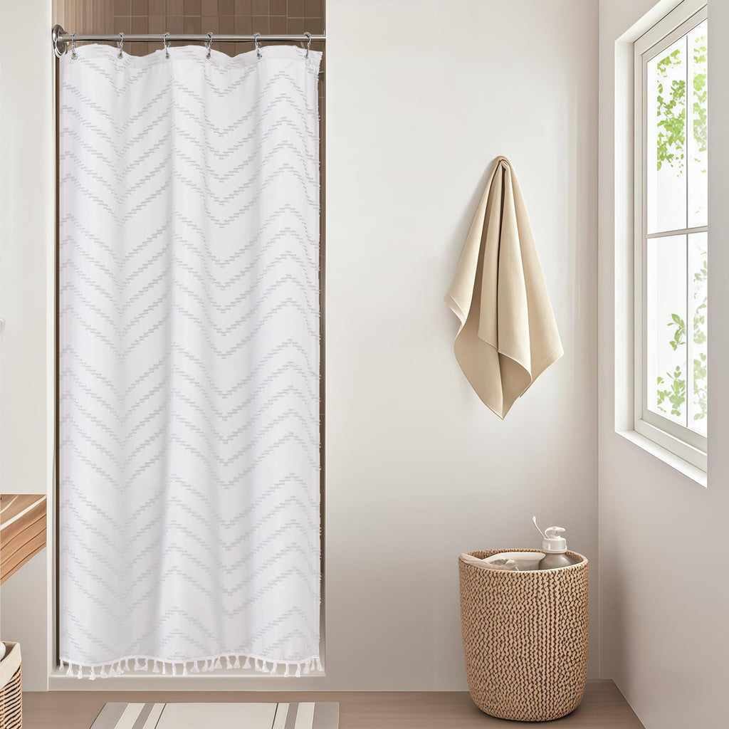OWENIE White Fabric Boho Shower Curtain 72 x 72 Inches for Bathroom