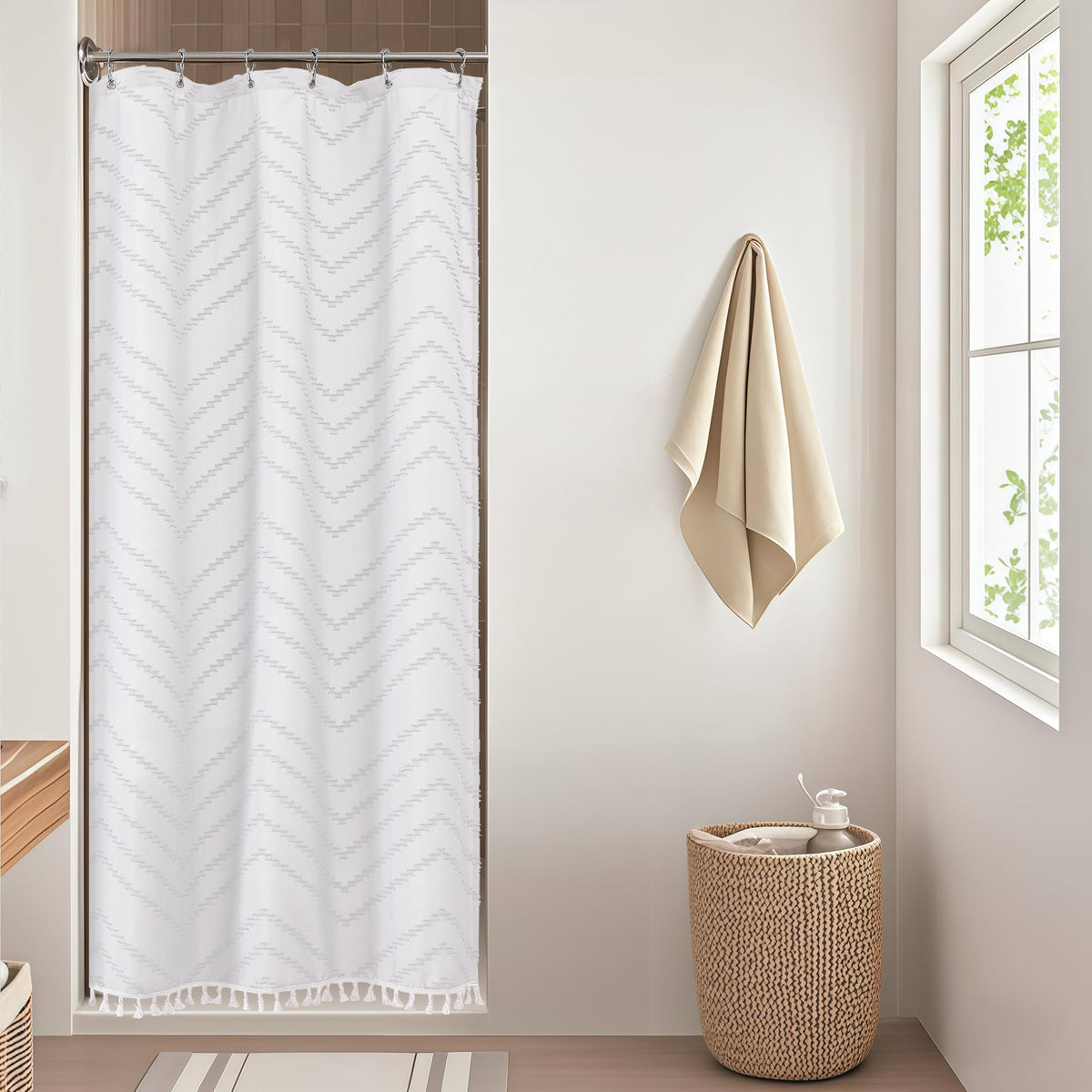 OWENIE White Fabric Boho Shower Curtain 72 x 72 Inches for Bathroom