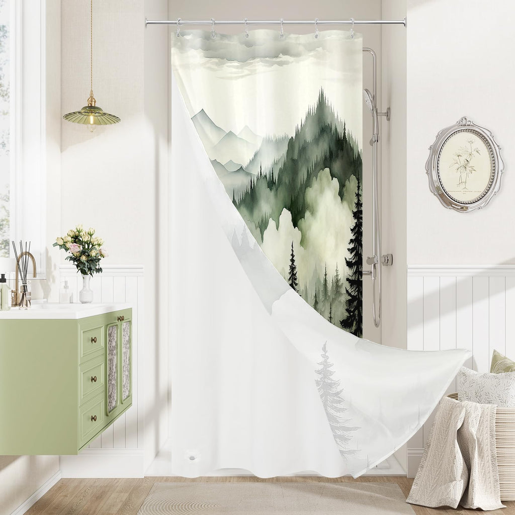 Dark Green Pine Forest Shower Curtain, Misty Woodland, 72 x 72 Inches