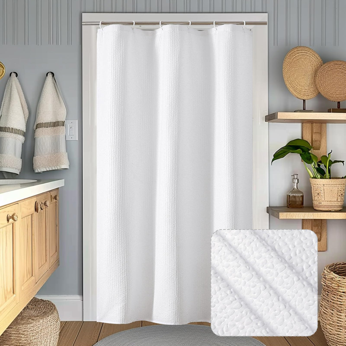 OWENIE White Shower Curtain for Bathroom 84 Inches Extra Long, Elegant 3D Embossed Textured Cloth Waffle Shower Curtain, Modern Luxury Hotel Style, Water Repellent, Machine Washable, 72X84, White