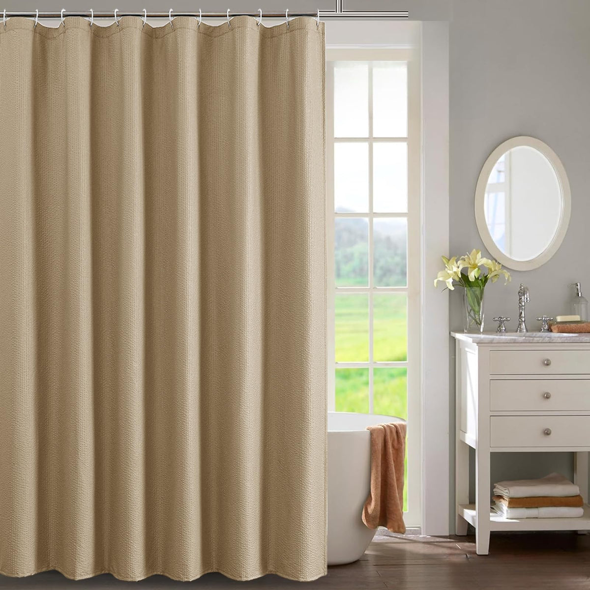 OWENIE White Shower Curtain for Bathroom 84 Inches Extra Long, Elegant 3D Embossed Textured Cloth Waffle Shower Curtain, Modern Luxury Hotel Style, Water Repellent, Machine Washable, 72X84, White