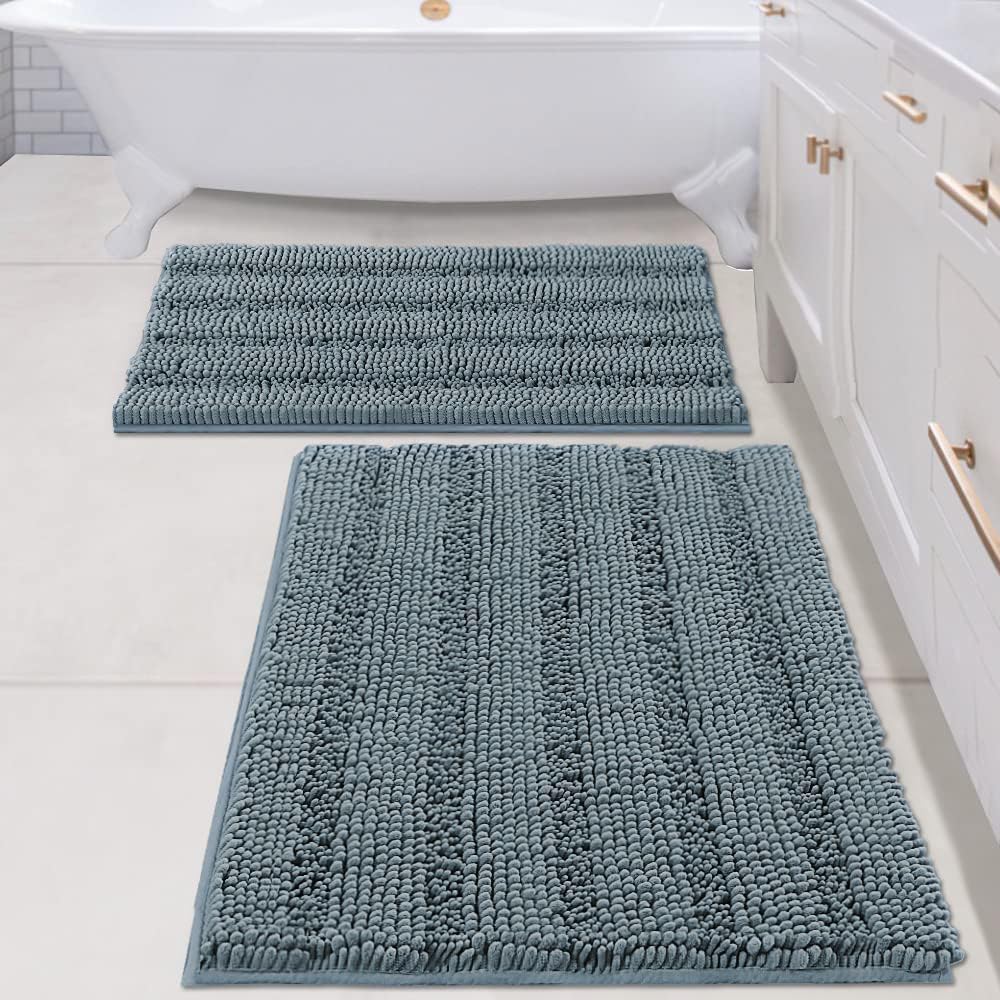 H.VERSAILTEX Sage Bathroom Rugs, Bath Mat Set of 2 Extra Thick Chenille Striped Pattern Shaggy Bath Rugs for Bath Room, Non Skid Bath Mats for Bathroom Floor (32 x 20 Plus 24 x 17 - Inches)
