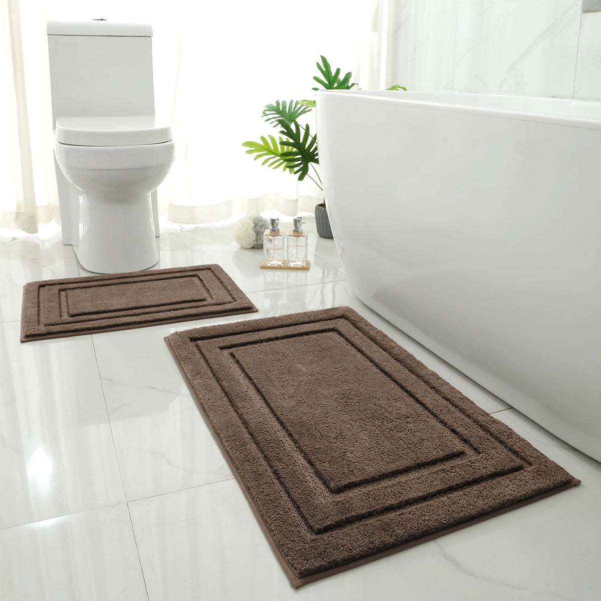 HOMEIDEAS Bathroom Rugs Sets 2 Piece, Super Soft and Absorbent Non Slip Microfiber Machine Washable Bath Mat Set (20" x 32" + 16" x 24", Brown)
