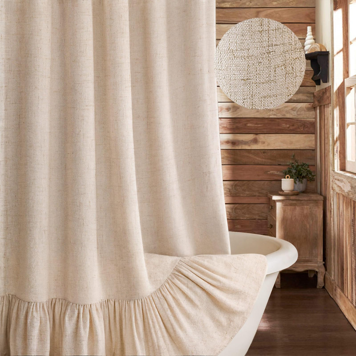 Farmhouse Shower Curtain Ruffle Linen Cream-Beige Stripe 72"W x 72"L