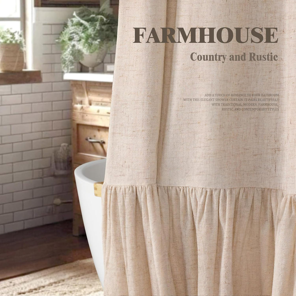 Farmhouse Shower Curtain Ruffle Linen Beige 72" W x 72" L