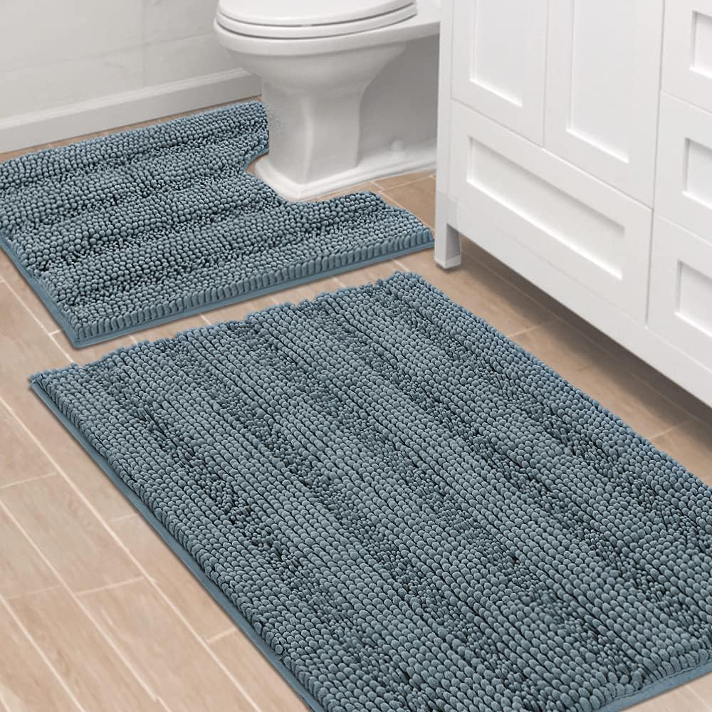H.VERSAILTEX Sage Bathroom Rugs, Bath Mat Set of 2 Extra Thick Chenille Striped Pattern Shaggy Bath Rugs for Bath Room, Non Skid Bath Mats for Bathroom Floor (32 x 20 Plus 24 x 17 - Inches)