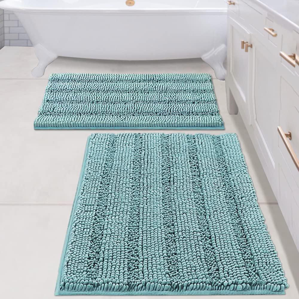 H.VERSAILTEX Sage Bathroom Rugs, Bath Mat Set of 2 Extra Thick Chenille Striped Pattern Shaggy Bath Rugs for Bath Room, Non Skid Bath Mats for Bathroom Floor (32 x 20 Plus 24 x 17 - Inches)