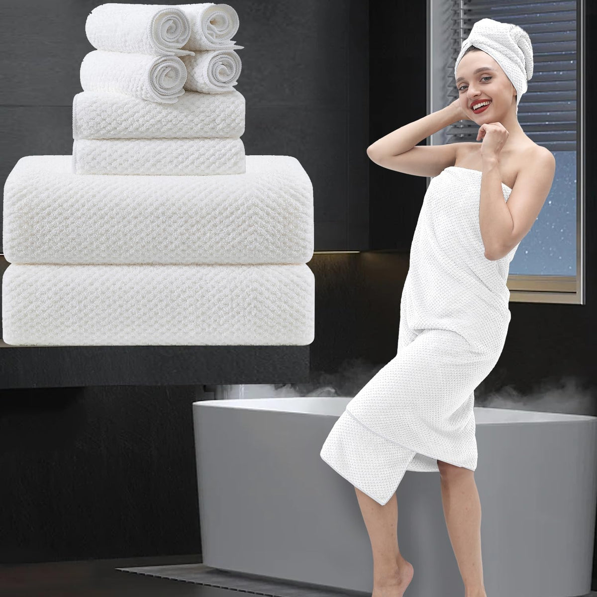 8 Piece Bathroom Towel Set Black White|2 Oversized Large Bath Towels Sheet,2 Hand Towels,4 Washcloths| 600GSM Soft Towel Set for Bathroom Hotel,Highly Absorbent Quick Dry Bath Towel Collections