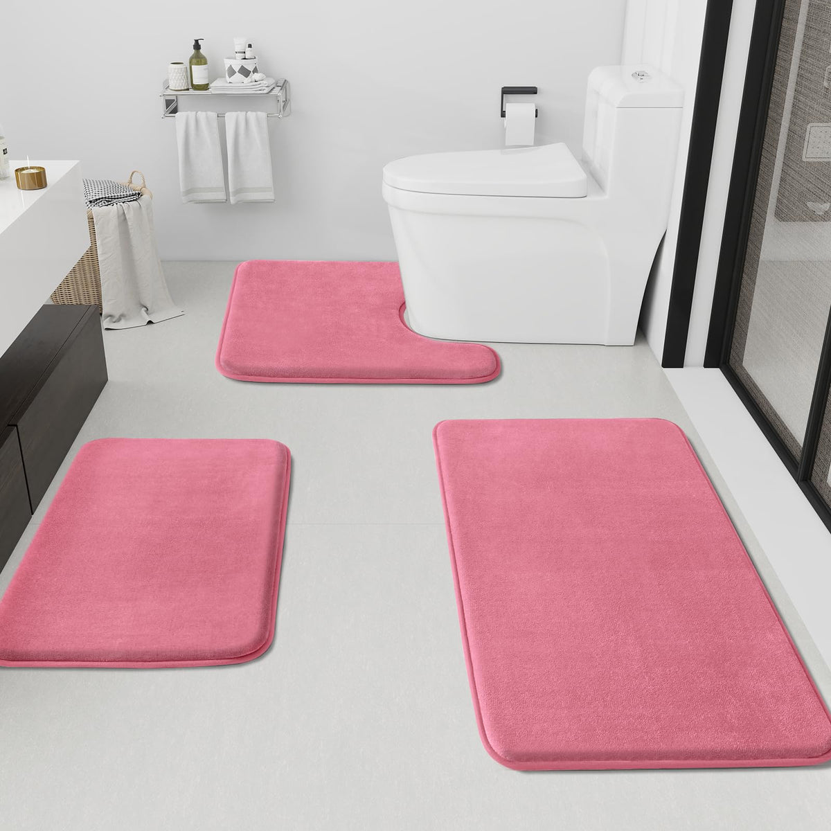 HUXMEYSON Bathroom Rugs Sets 3 Piece, Non-Slip & Quick Dry Bath Mat Set, Ultra Soft Velvet Bath Rugs for Bathroom, Toilet and Shower Floor, Grey