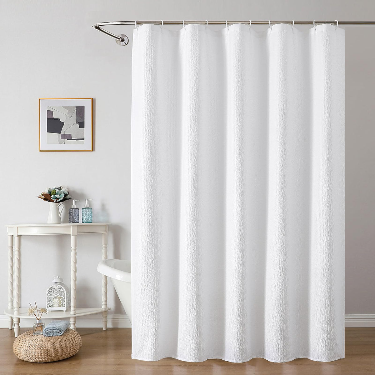 OWENIE White Shower Curtain for Bathroom 84 Inches Extra Long, Elegant 3D Embossed Textured Cloth Waffle Shower Curtain, Modern Luxury Hotel Style, Water Repellent, Machine Washable, 72X84, White