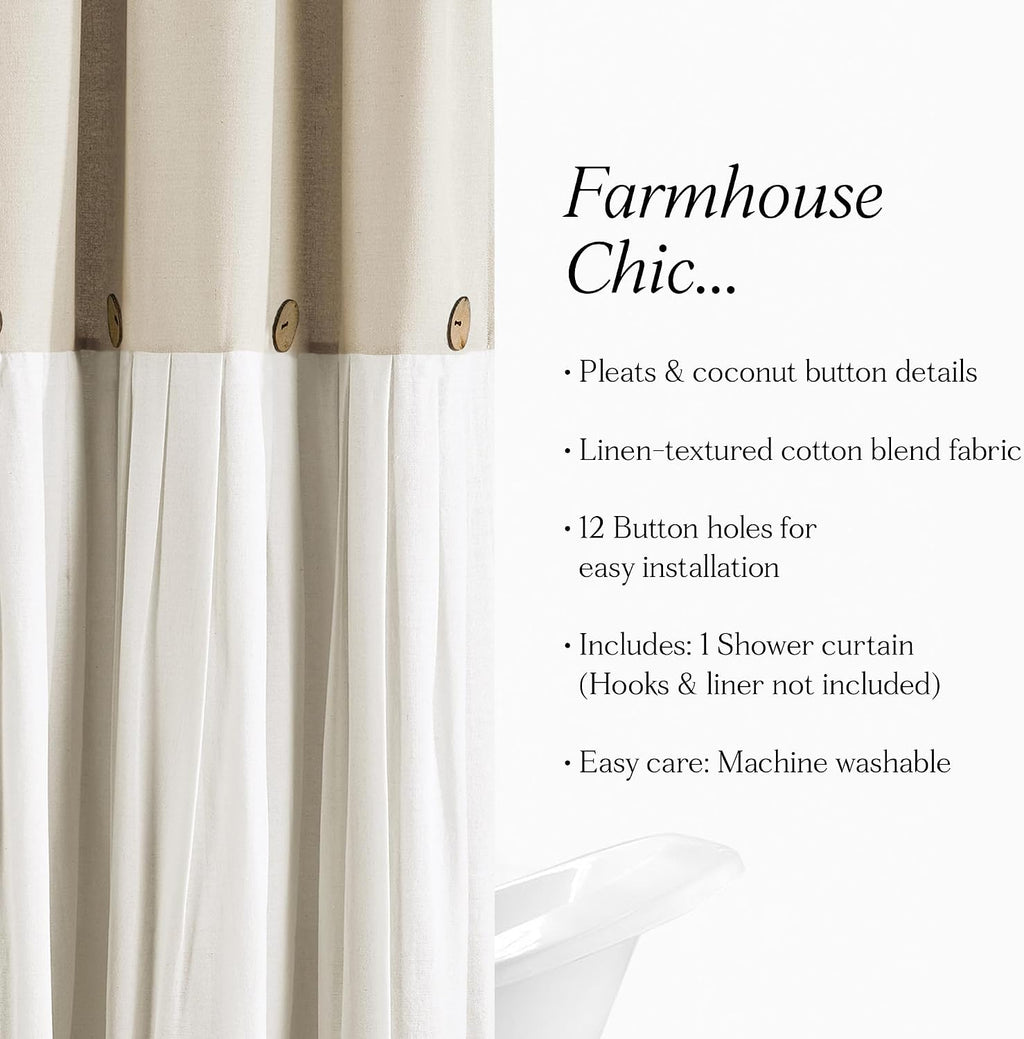 Lush Decor Linen Button Shower Curtain, 72" W x 72" L, Linen - Neural Shower Curtain Fabric - Bathroom Curtain - Farmhouse Bathroom Decor