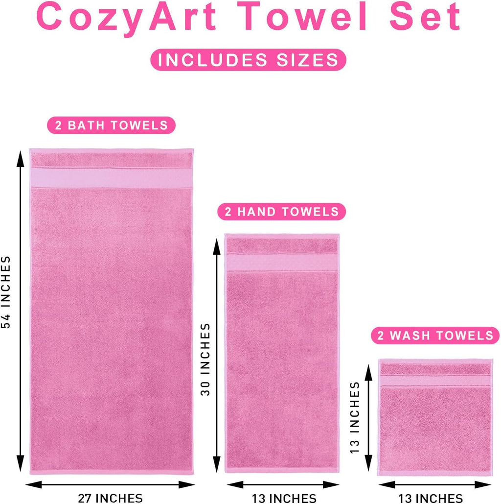 COZYART Bath Towel Set 6 PCS, Pink Luxury 100% Turkish Cotton 650GSM