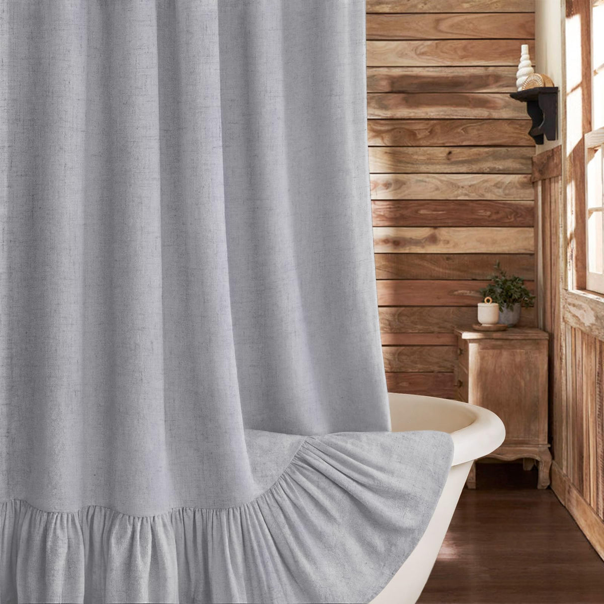 Farmhouse Shower Curtain Ruffle Linen Cream-Beige Stripe 72"W x 72"L