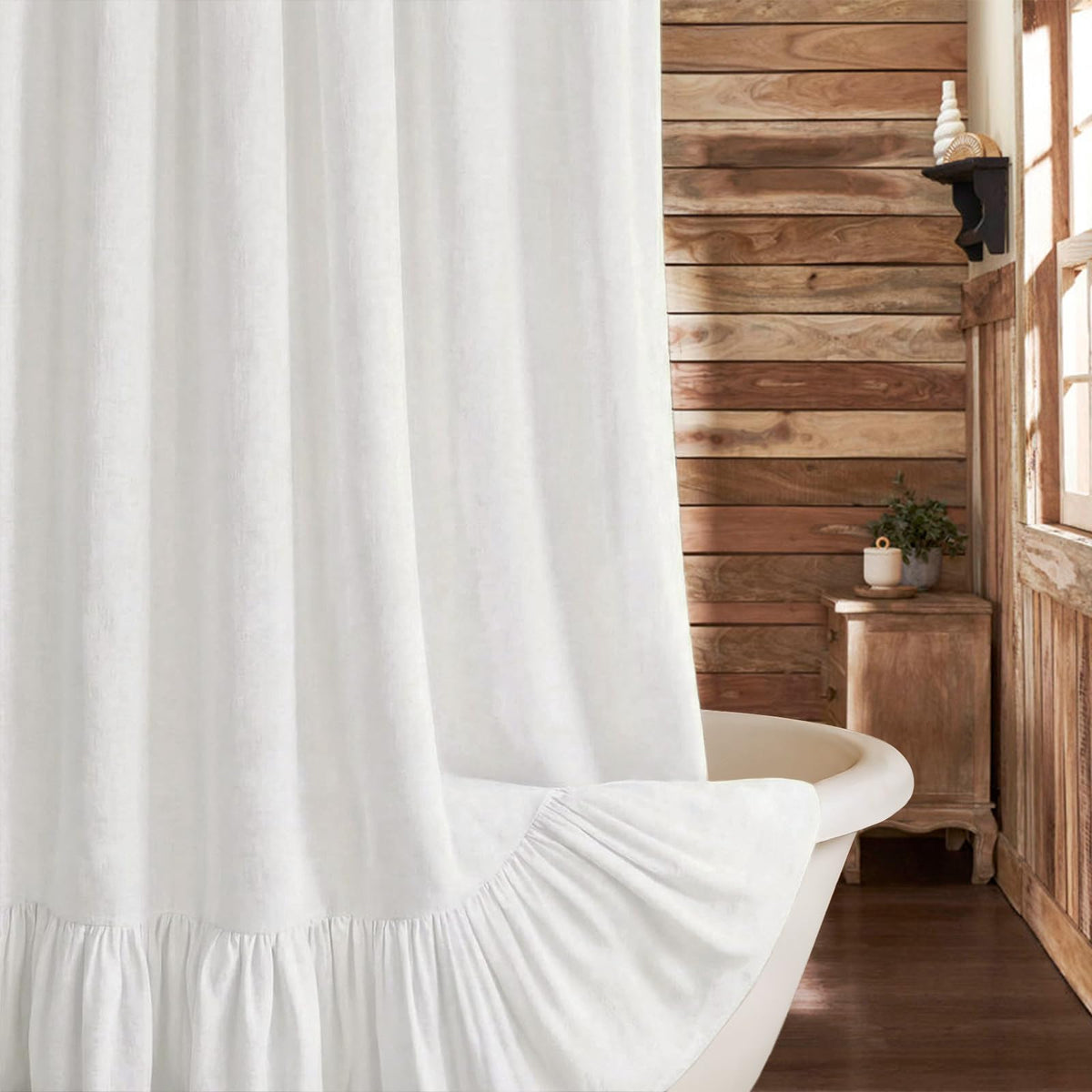 Farmhouse Shower Curtain Ruffle Linen Cream-Beige Stripe 72"W x 72"L