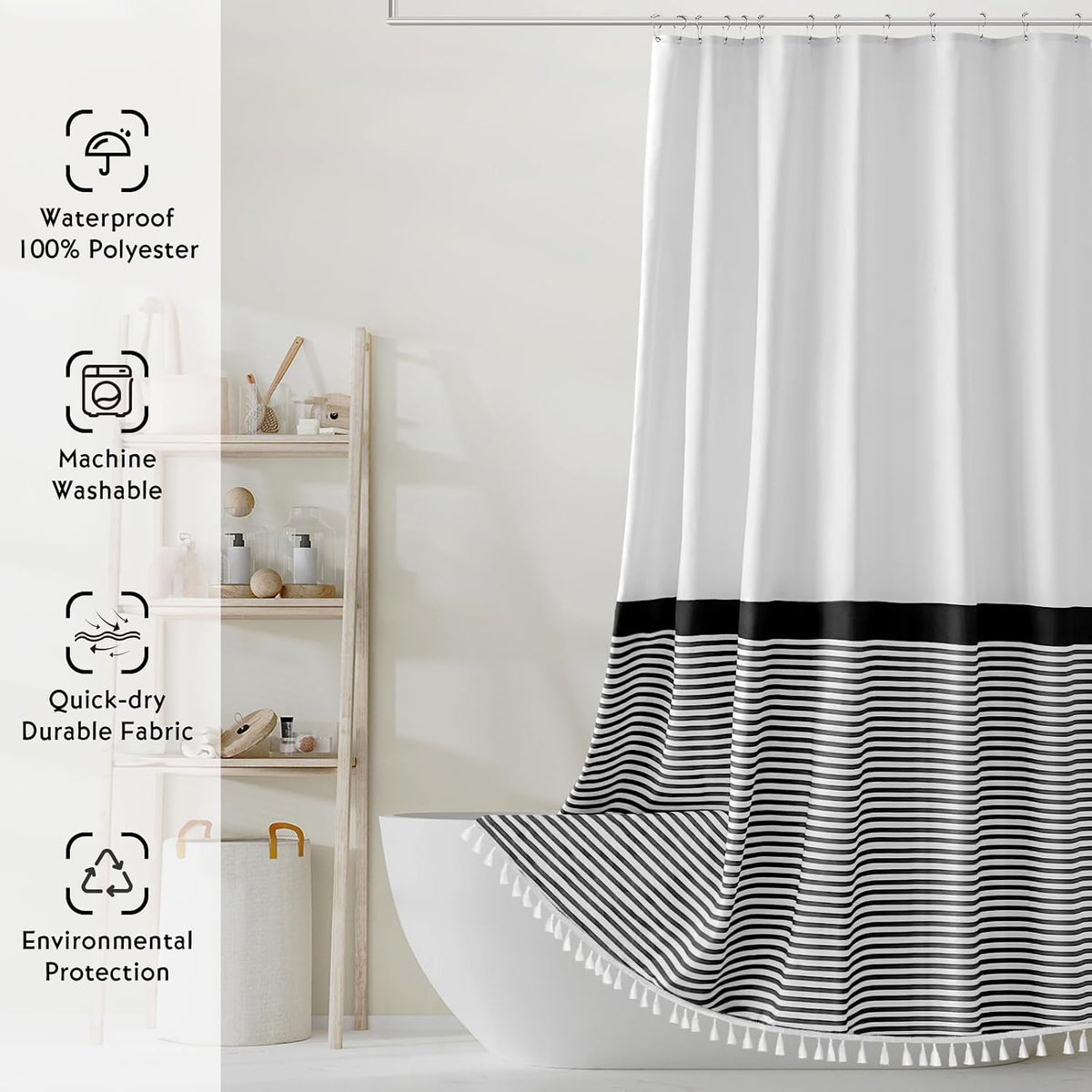 Seasonwood Black and White Shower Curtain Striped with Tassels 72 x 72
