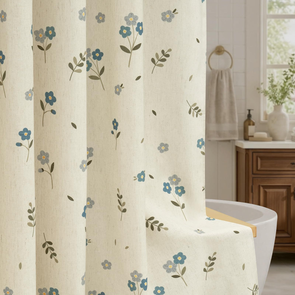 Botanical Floral Linen Blend Shower Curtain 72x72, Organic Modern Farmhouse Bathroom Decor, 210GSM Fabric (Green/Oatmeal)