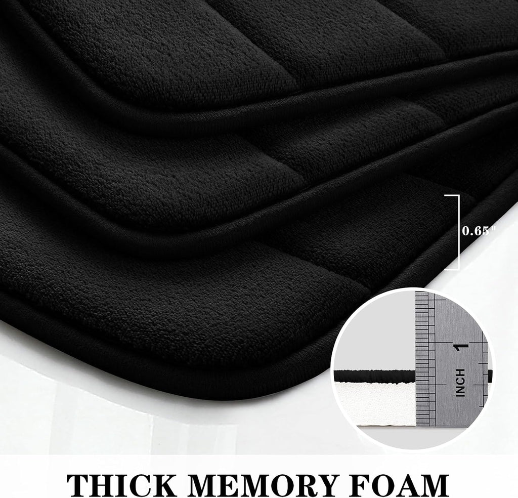 BYSURE Black Memory Foam Bathroom Rug Set 3 Piece 17"x24"+20"x32"+U Shape 20"x24"