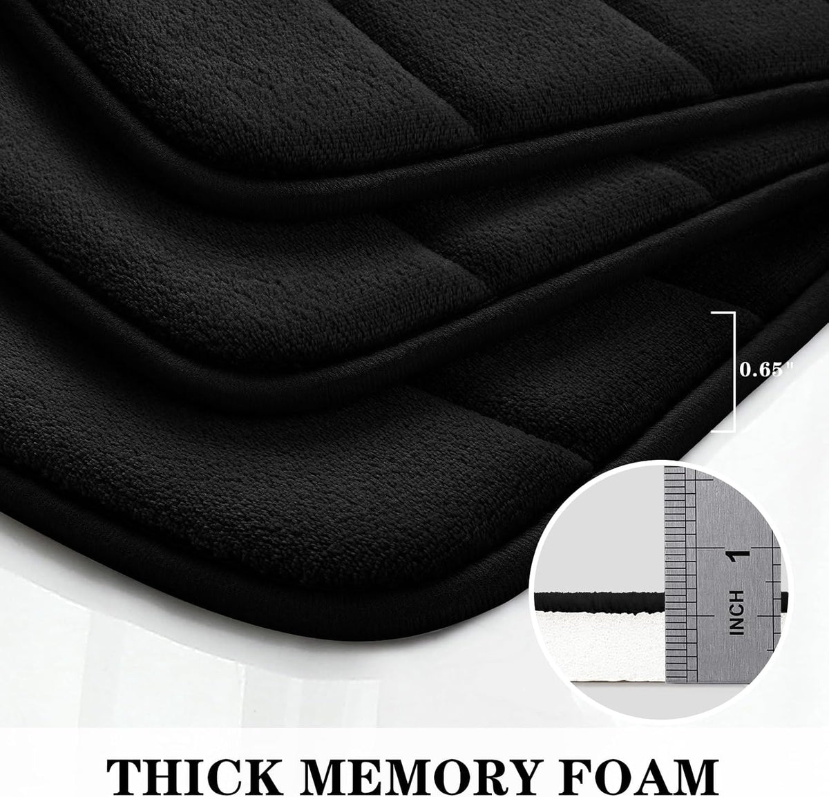 BYSURE Black Memory Foam Bathroom Rug Set 3 Piece 17"x24"+20"x32"+U Shape 20"x24"