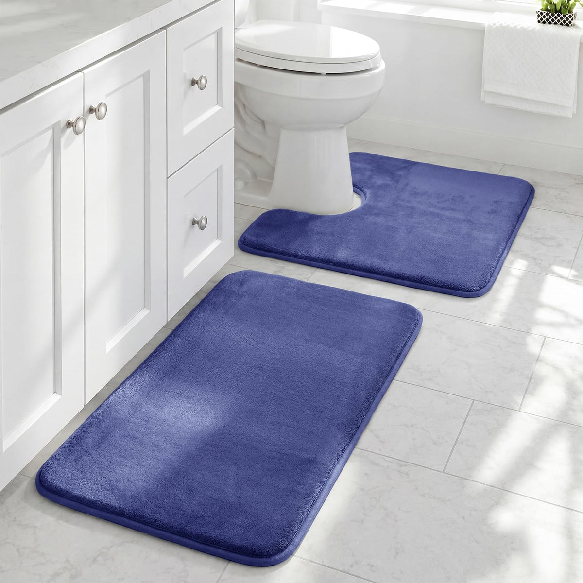 HUXMEYSON Bathroom Rugs Sets 2 Piece, Non-Slip & Quick Dry Bath Mat Set, Ultra Soft Velvet Bath Rugs for Bathroom, Toilet and Shower Floor, Navy