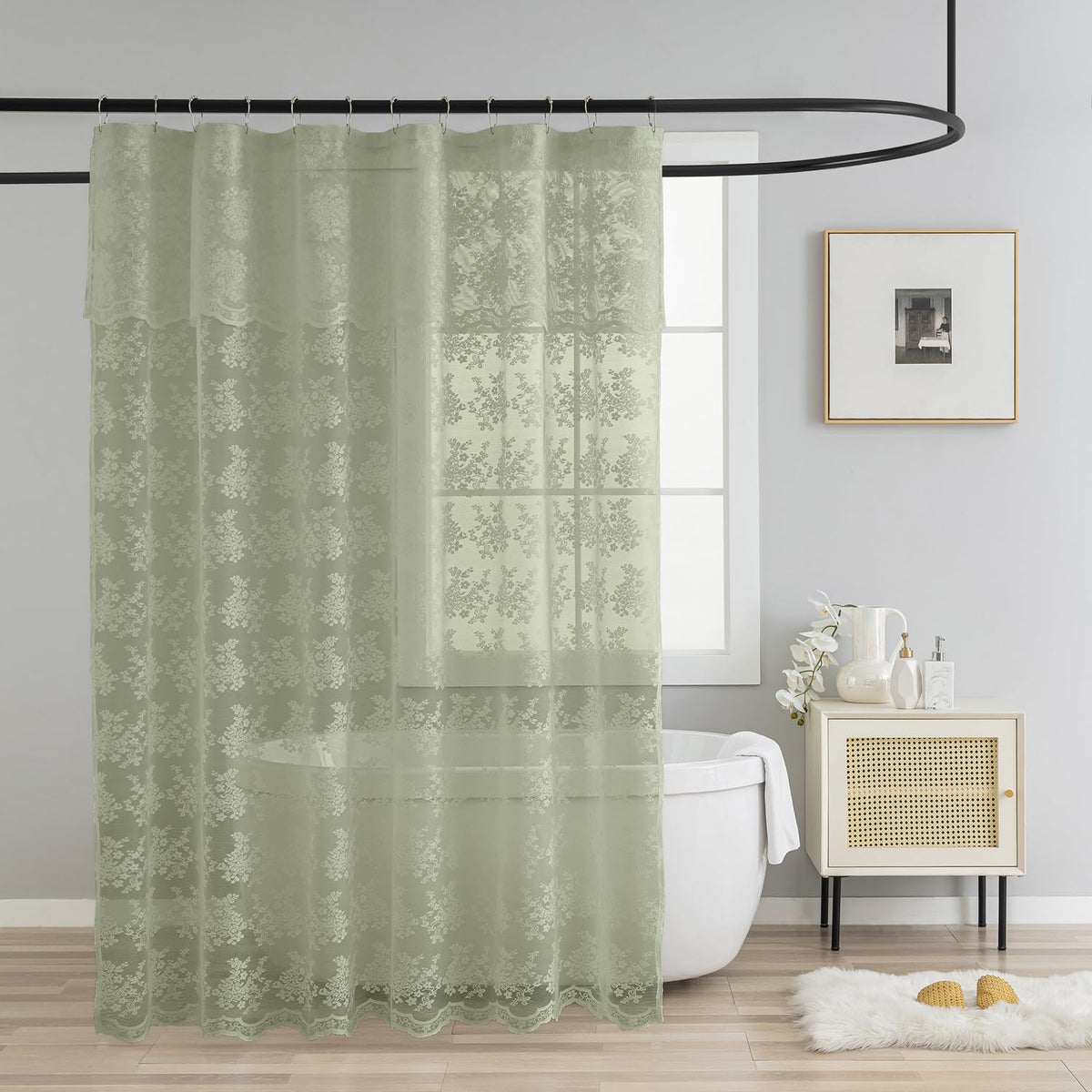 TUDECO White Lace Shower Curtain with Attached Valance 72 x 72 Inch