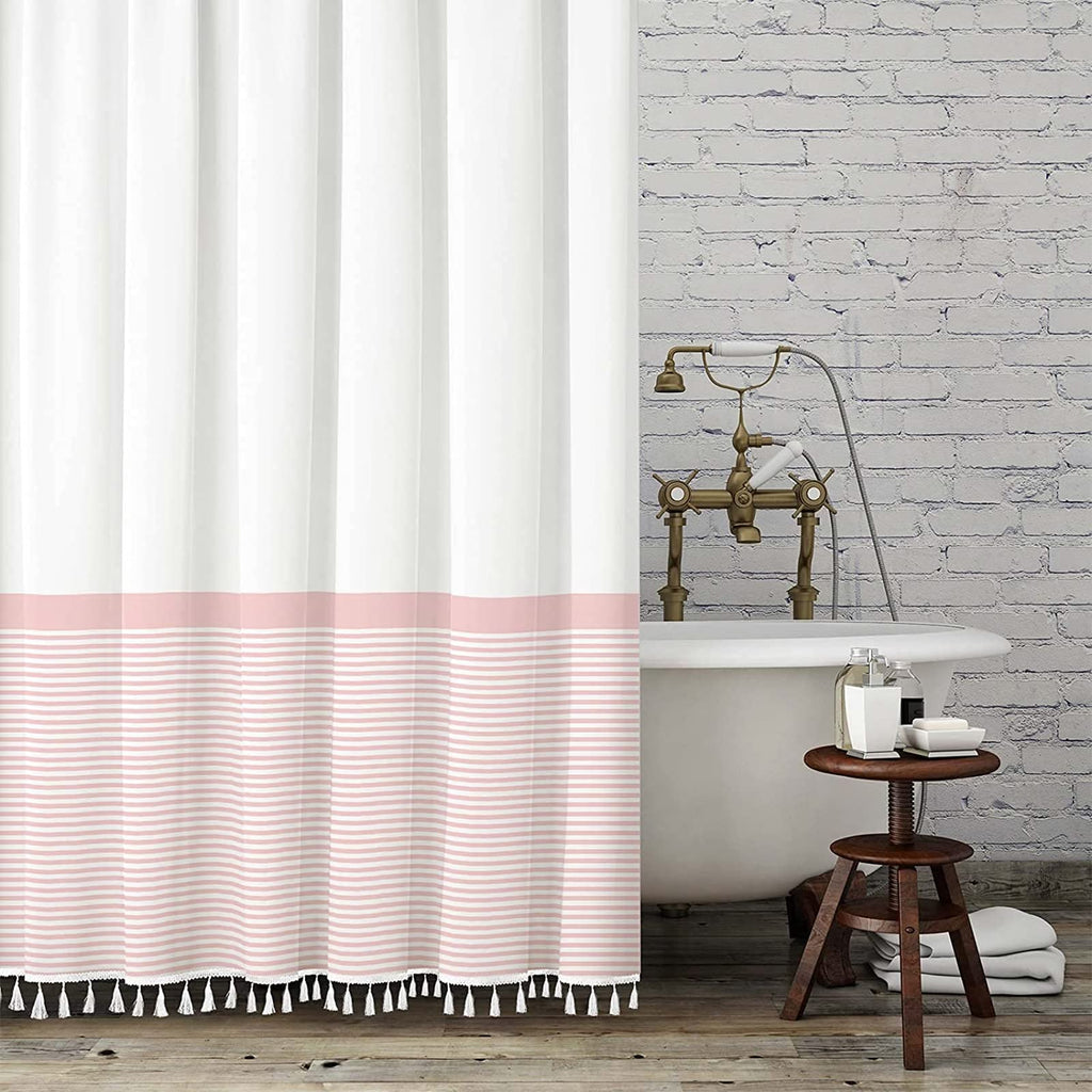 Seasonwood Black and White Shower Curtain Striped with Tassels 72 x 72