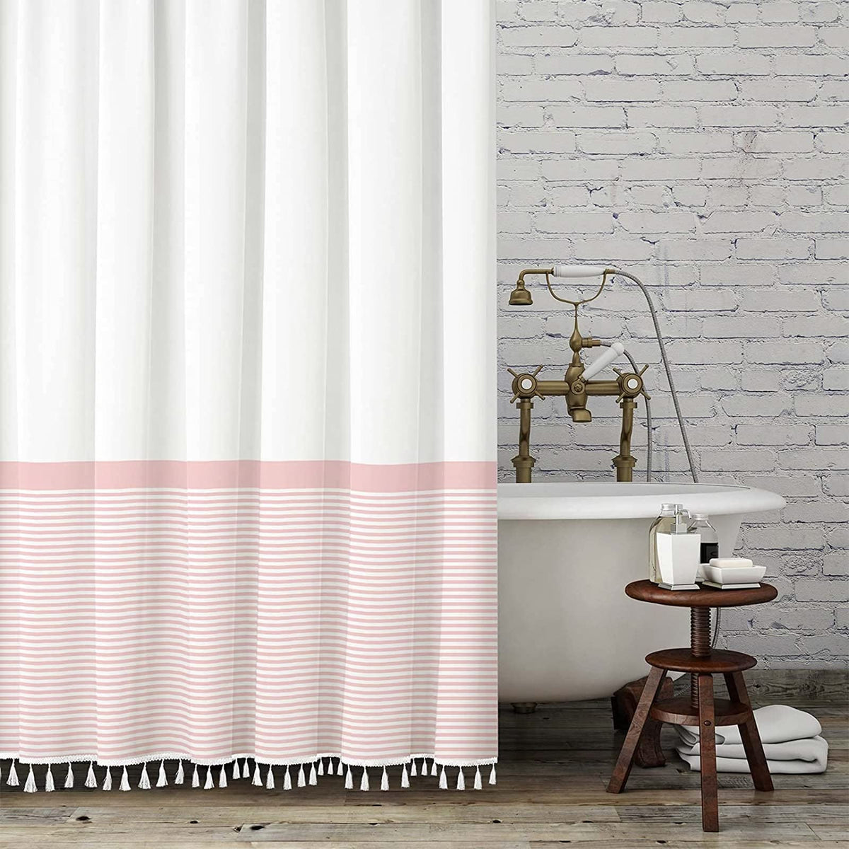 Seasonwood Black and White Shower Curtain Striped with Tassels 72 x 72